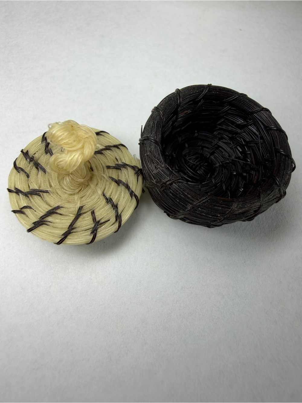 Tiny Miniature Handwoven Horsehair-Style Lidded Basket Black & Natural